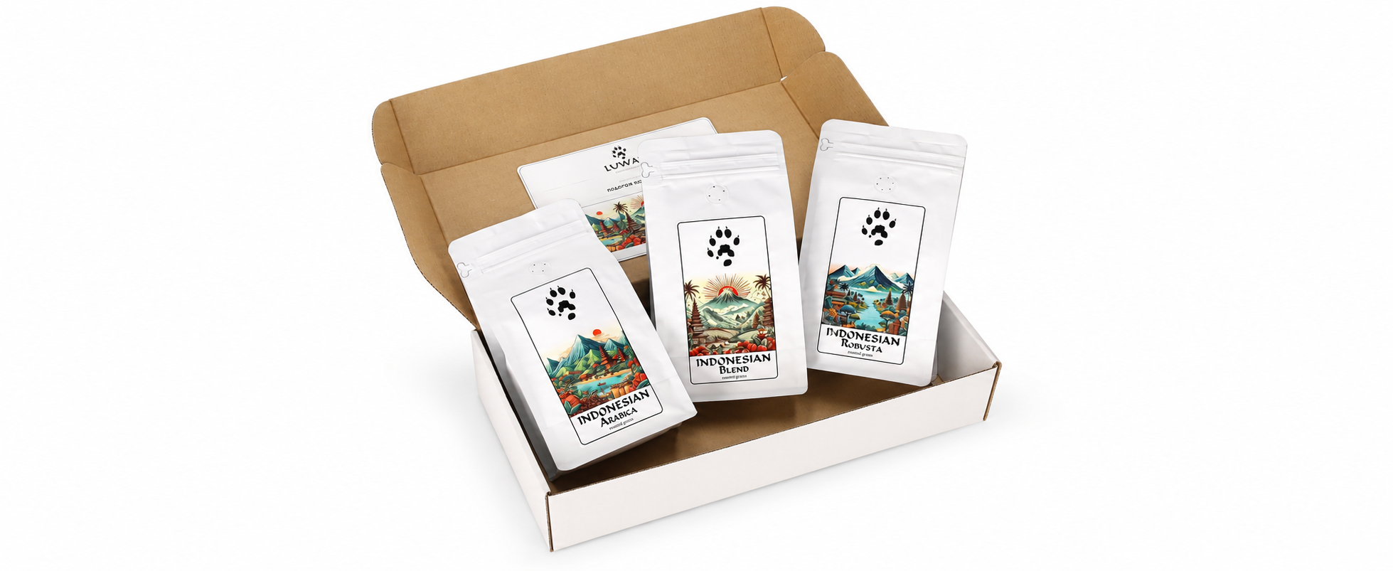 Дегустаційний набір кави LUWAK — Indonesian Arabica, Blend 50/50 і Robusta по 400 г у подарунковій коробці.
